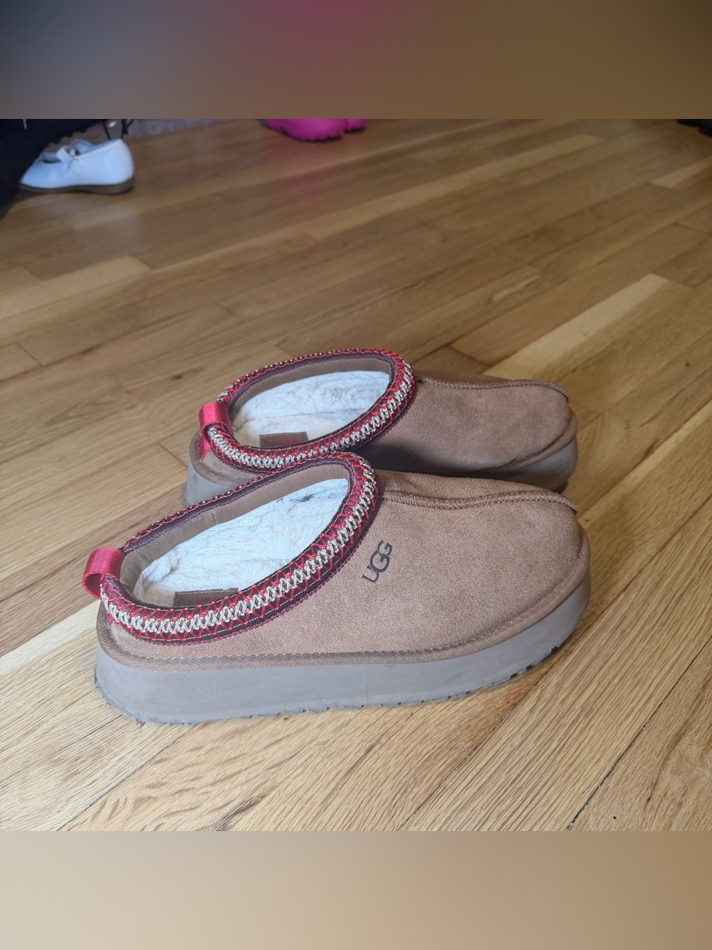 UGG Tazz Women's Chestnut Brown Suede Slip-On Shearling Clog with Red Trim
